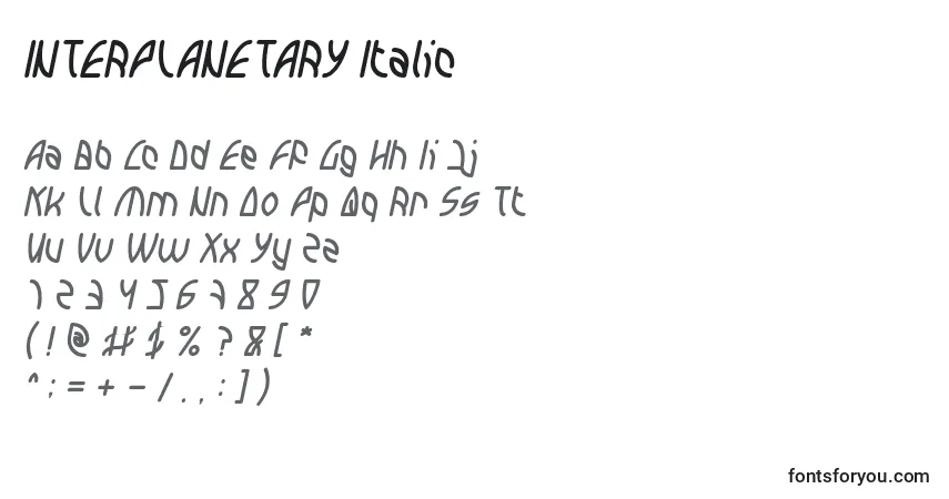 Czcionka INTERPLANETARY Italic – alfabet, cyfry, specjalne znaki