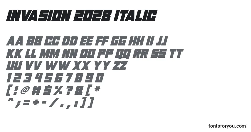 Schriftart Invasion 2028 Italic – Alphabet, Zahlen, spezielle Symbole