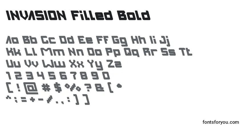 Schriftart INVASION Filled Bold – Alphabet, Zahlen, spezielle Symbole