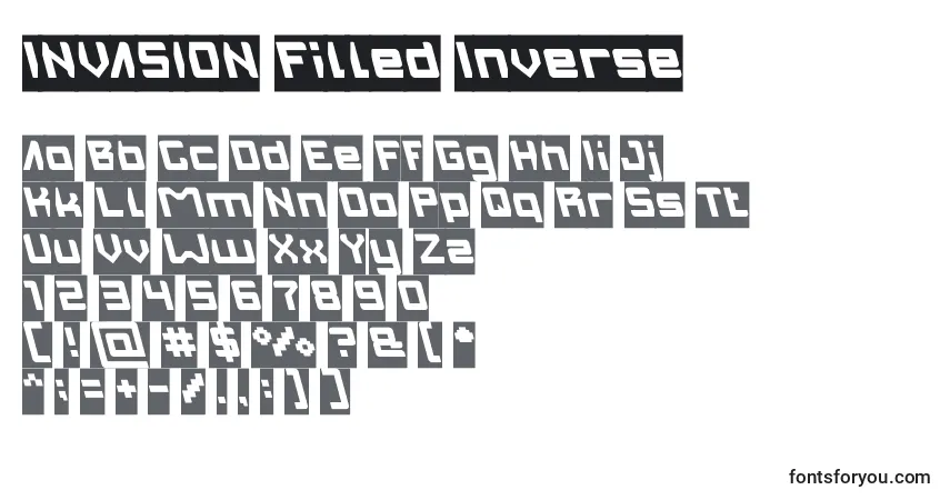 Czcionka INVASION Filled Inverse – alfabet, cyfry, specjalne znaki