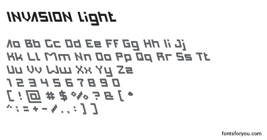 Czcionka INVASION light – alfabet, cyfry, specjalne znaki