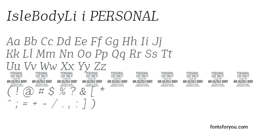 Schriftart IsleBodyLi i PERSONAL – Alphabet, Zahlen, spezielle Symbole