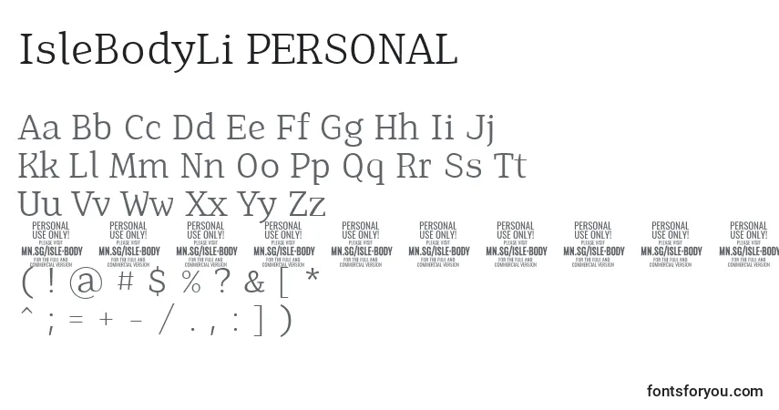 Шрифт IsleBodyLi PERSONAL – алфавит, цифры, специальные символы