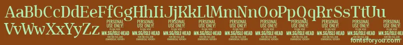 フォントIsleHeadMe PERSONAL – 緑色の文字が茶色の背景にあります。