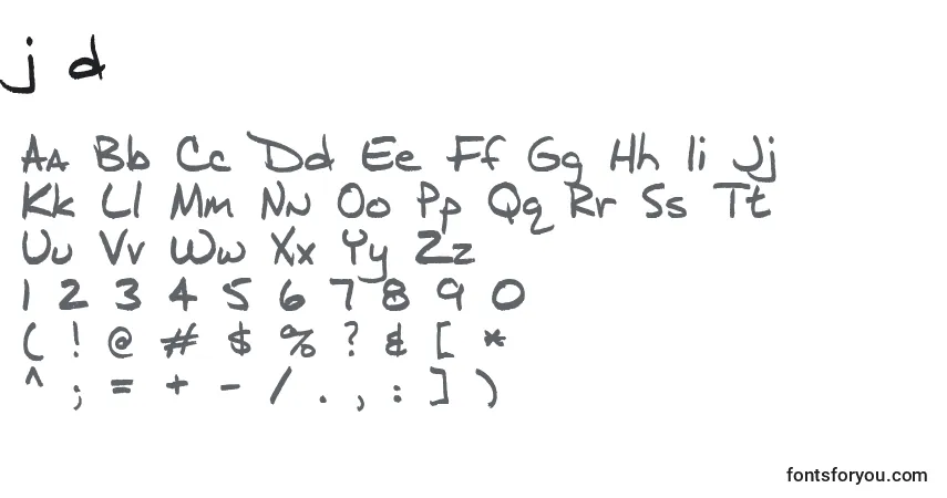 A fonte J d – alfabeto, números, caracteres especiais