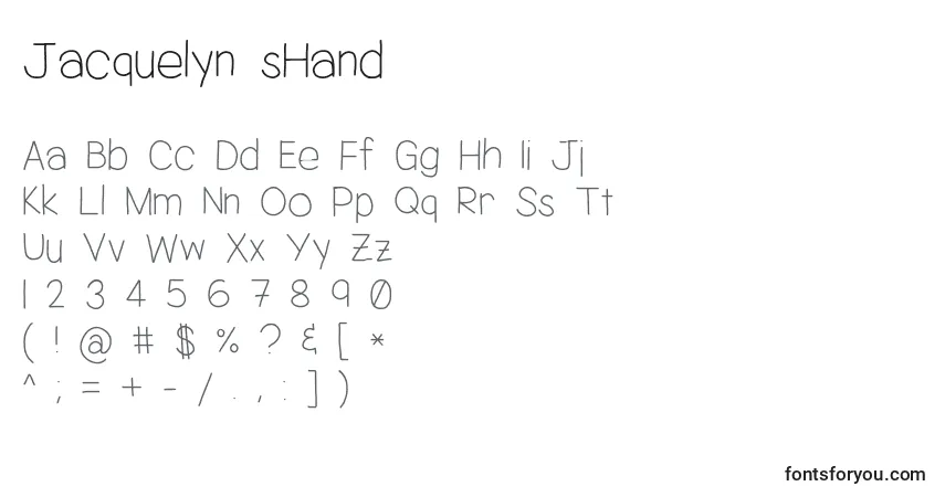 Czcionka Jacquelyn sHand – alfabet, cyfry, specjalne znaki