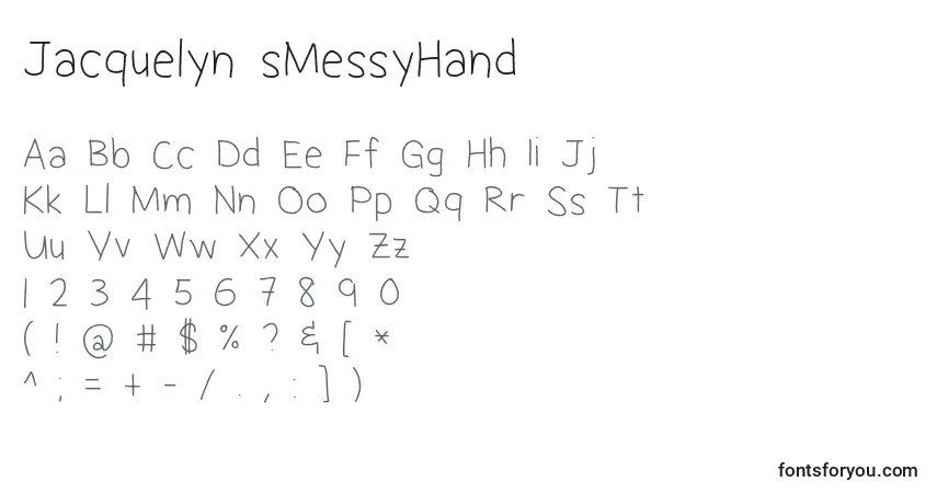 Czcionka Jacquelyn sMessyHand – alfabet, cyfry, specjalne znaki