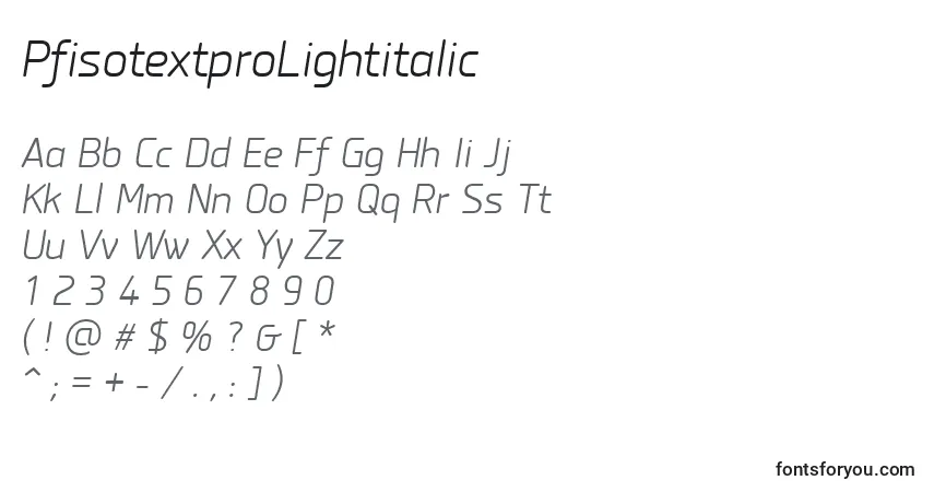 Schriftart PfisotextproLightitalic – Alphabet, Zahlen, spezielle Symbole