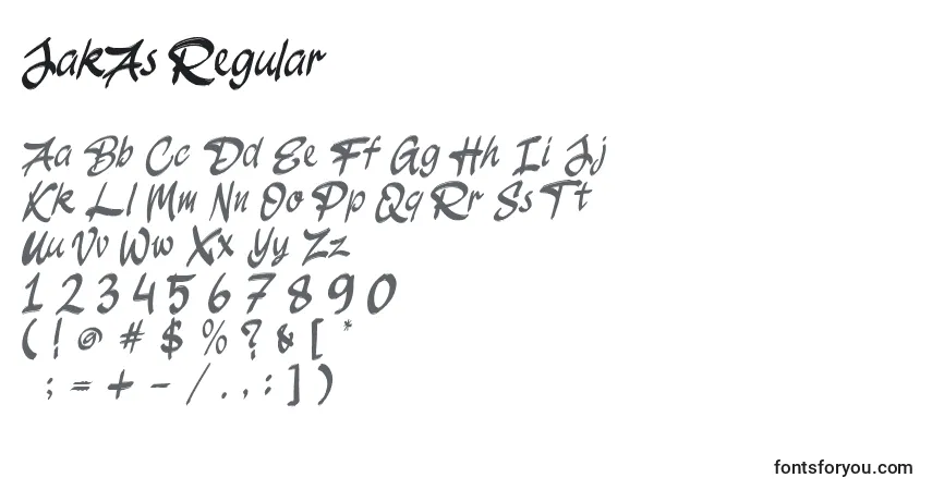 Schriftart JakAs Regular (130623) – Alphabet, Zahlen, spezielle Symbole