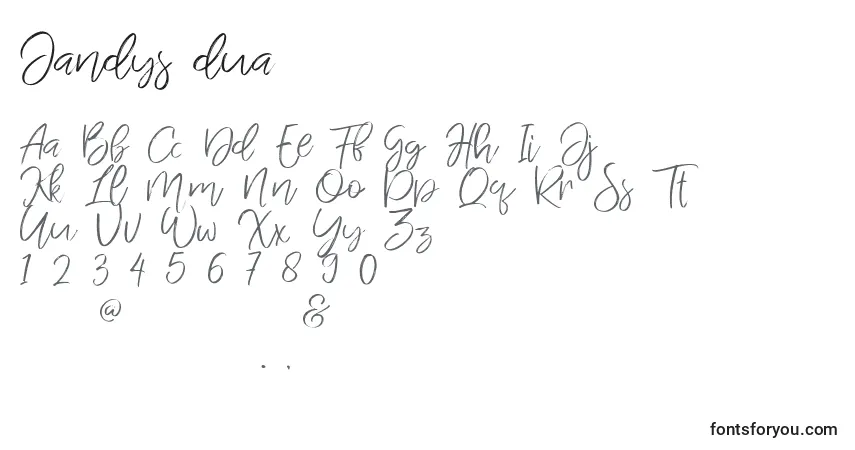 A fonte Jandys dua (130659) – alfabeto, números, caracteres especiais