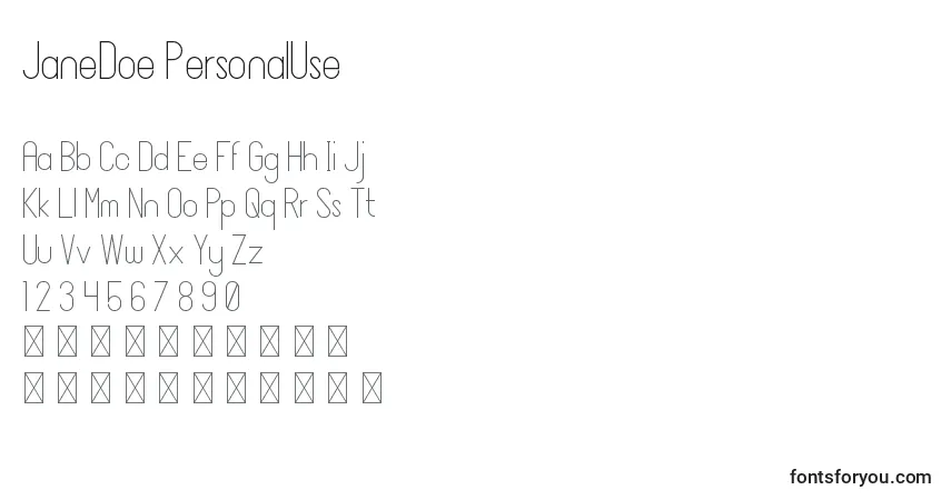 A fonte JaneDoe PersonalUse – alfabeto, números, caracteres especiais