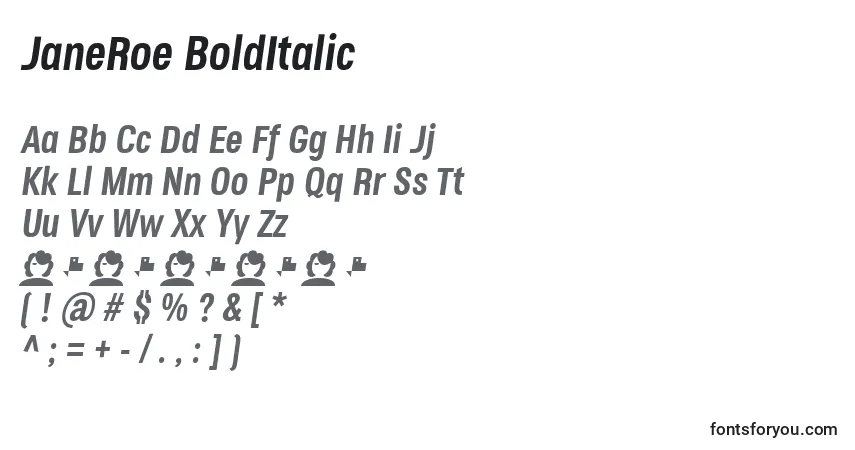 Czcionka JaneRoe BoldItalic – alfabet, cyfry, specjalne znaki