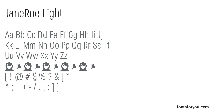 Fuente JaneRoe Light - alfabeto, números, caracteres especiales