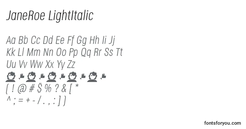 A fonte JaneRoe LightItalic – alfabeto, números, caracteres especiais