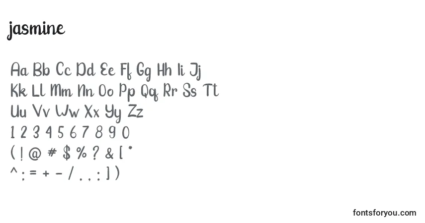 Schriftart Jasmine (130701) – Alphabet, Zahlen, spezielle Symbole