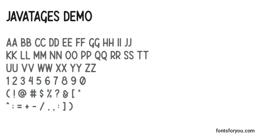 A fonte Javatages Demo – alfabeto, números, caracteres especiais