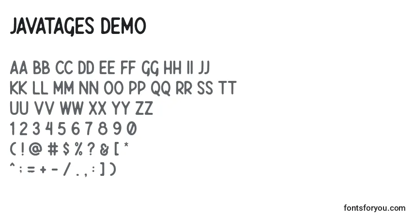 Schriftart Javatages Demo (130717) – Alphabet, Zahlen, spezielle Symbole