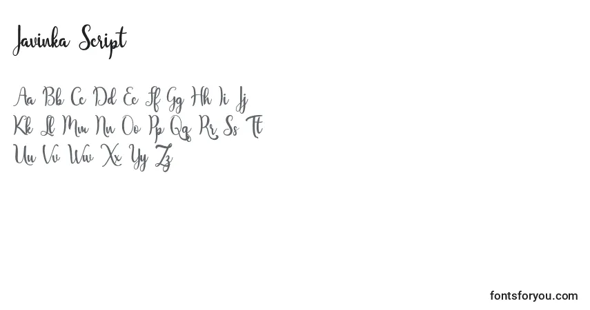 Schriftart Javinka Script – Alphabet, Zahlen, spezielle Symbole