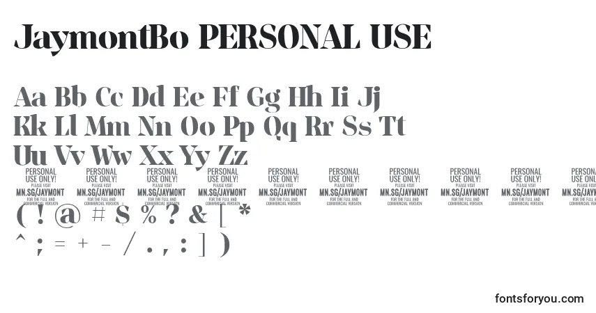A fonte JaymontBo PERSONAL USE – alfabeto, números, caracteres especiais