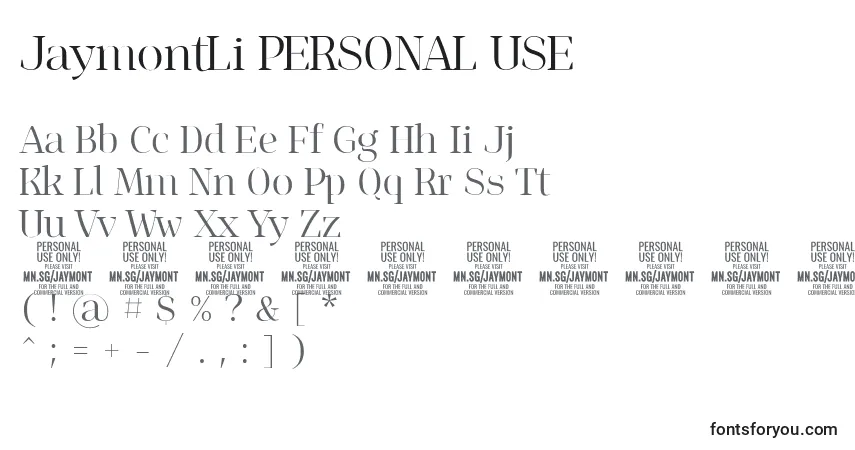 A fonte JaymontLi PERSONAL USE – alfabeto, números, caracteres especiais