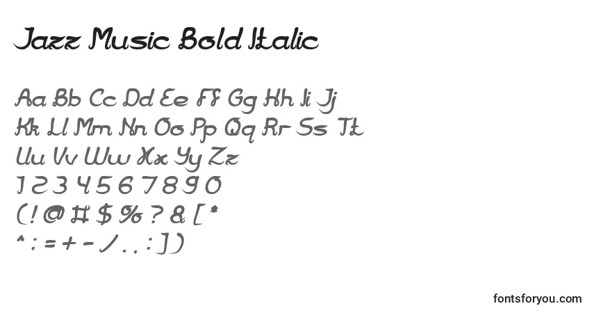 Czcionka Jazz Music Bold Italic – alfabet, cyfry, specjalne znaki