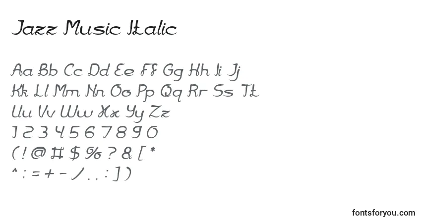 Шрифт Jazz Music Italic – алфавит, цифры, специальные символы