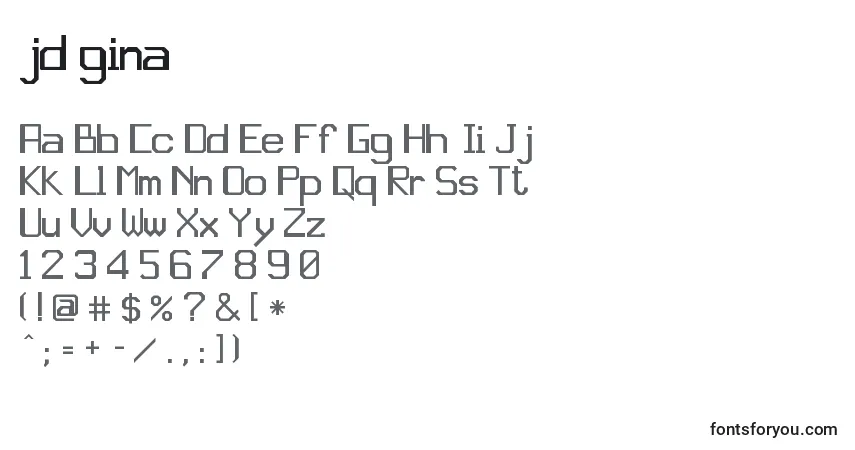 Czcionka Jd gina – alfabet, cyfry, specjalne znaki