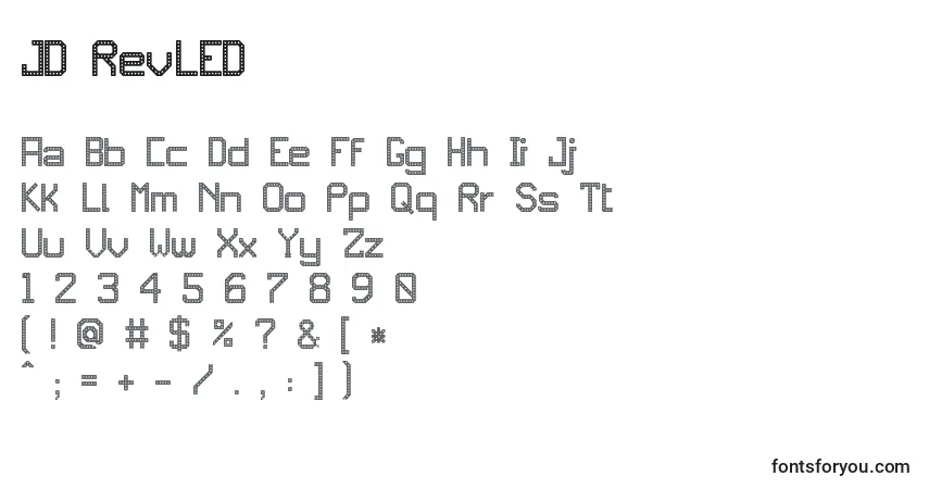 Schriftart JD RevLED – Alphabet, Zahlen, spezielle Symbole