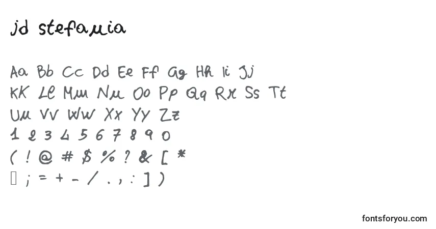 A fonte Jd stefania – alfabeto, números, caracteres especiais