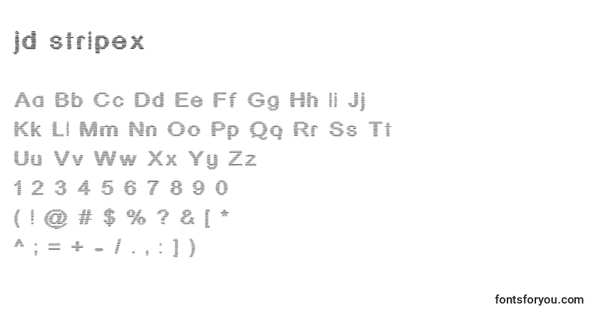 Schriftart Jd stripex – Alphabet, Zahlen, spezielle Symbole
