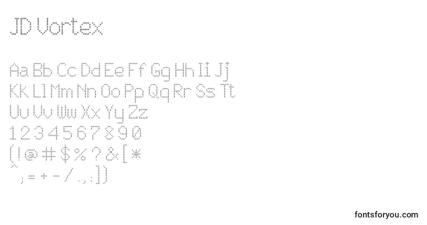 A fonte JD Vortex – alfabeto, números, caracteres especiais