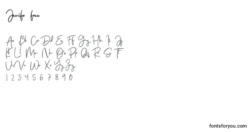 Schriftart Jenifa free – Alphabet, Zahlen, spezielle Symbole