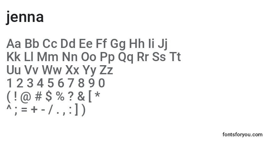 Czcionka Jenna (130797) – alfabet, cyfry, specjalne znaki