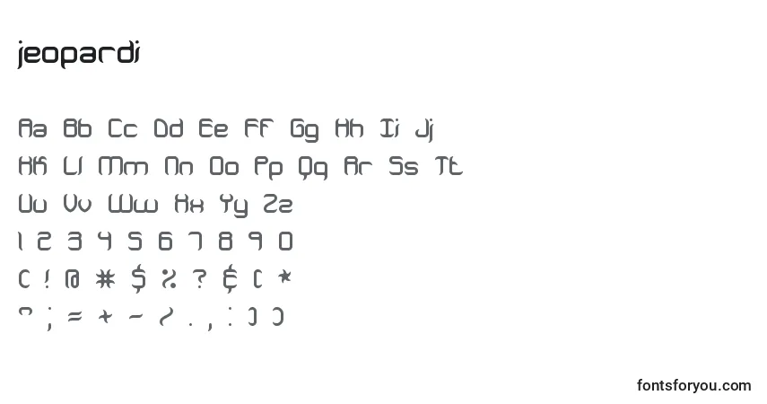 A fonte Jeopardi (130801) – alfabeto, números, caracteres especiais