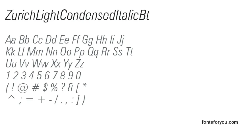 A fonte ZurichLightCondensedItalicBt – alfabeto, números, caracteres especiais