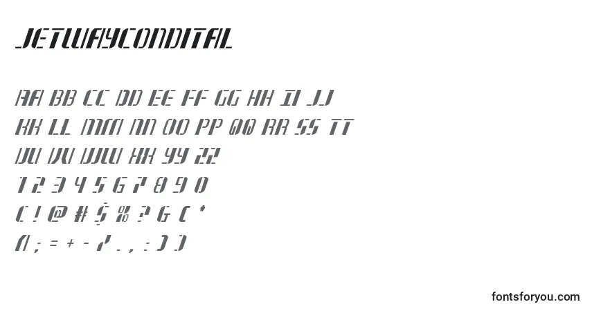 Schriftart Jetwaycondital (130821) – Alphabet, Zahlen, spezielle Symbole
