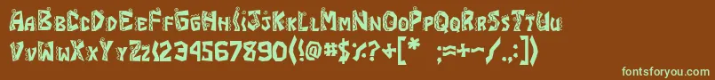 フォントJI Chimichanga – 緑色の文字が茶色の背景にあります。