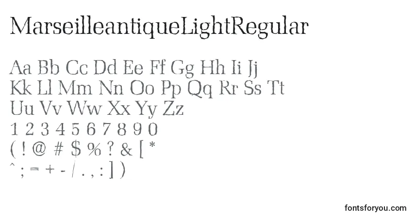 A fonte MarseilleantiqueLightRegular – alfabeto, números, caracteres especiais