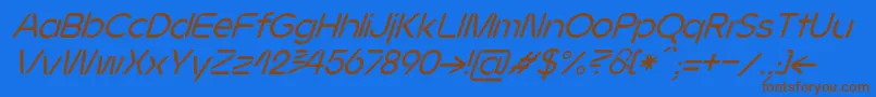 フォントJMH Ava Italic – 茶色の文字が青い背景にあります。