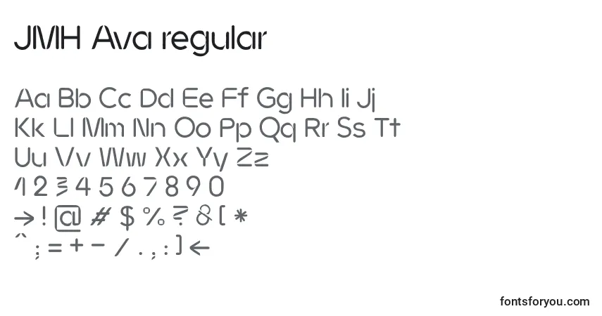 Schriftart JMH Ava regular – Alphabet, Zahlen, spezielle Symbole