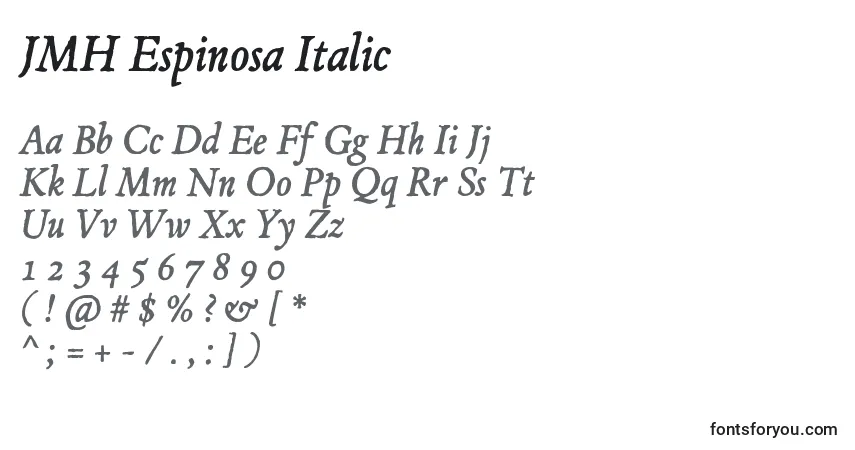 Fuente JMH Espinosa Italic - alfabeto, números, caracteres especiales