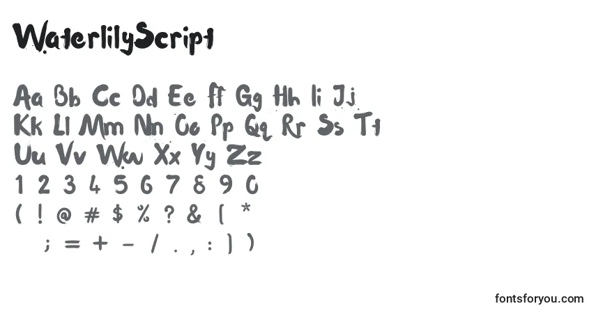 A fonte WaterlilyScript – alfabeto, números, caracteres especiais