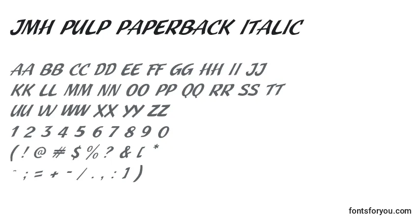Schriftart JMH Pulp Paperback Italic – Alphabet, Zahlen, spezielle Symbole
