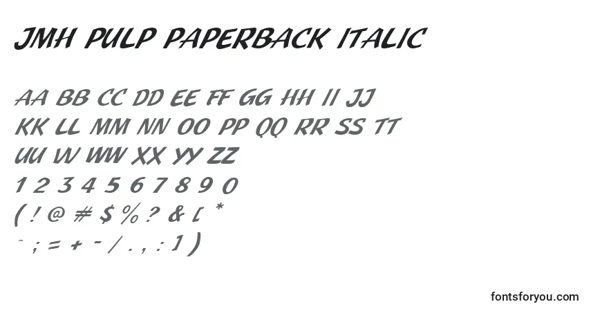 Schriftart JMH Pulp Paperback Italic (130929) – Alphabet, Zahlen, spezielle Symbole