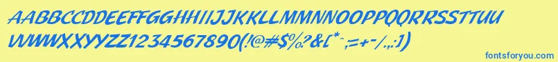 フォントJMH Pulp Paperback Italic – 青い文字が黄色の背景にあります。