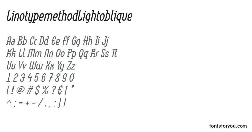 A fonte LinotypemethodLightoblique – alfabeto, números, caracteres especiais