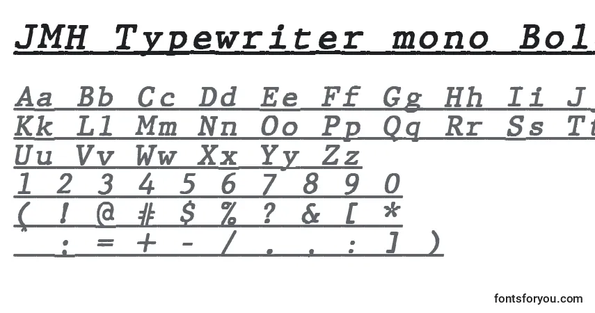 Czcionka JMH Typewriter mono Bold Italic Under – alfabet, cyfry, specjalne znaki