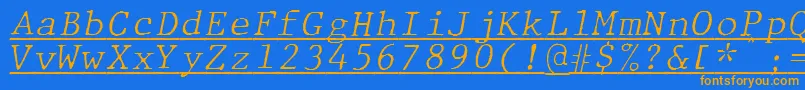フォントJMH Typewriter mono Fine Italic Under – オレンジ色の文字が青い背景にあります。