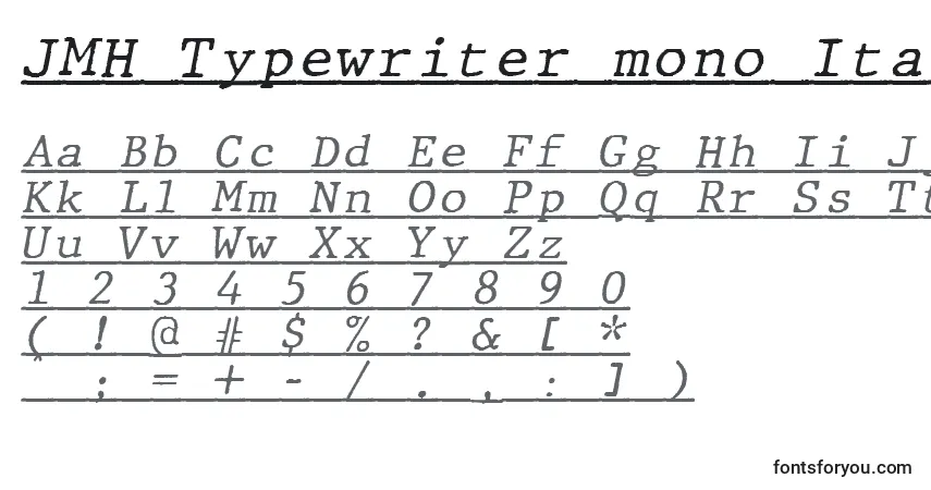 Czcionka JMH Typewriter mono Italic Under – alfabet, cyfry, specjalne znaki