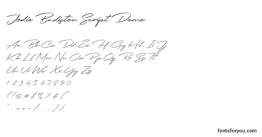 Schriftart Jodie Badiston Script Demo – Alphabet, Zahlen, spezielle Symbole